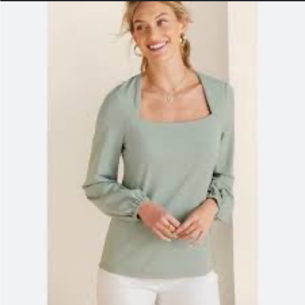 Soft Surroundings Womens Sage Green Square Neck Long Sleeve Shirt Sz L
